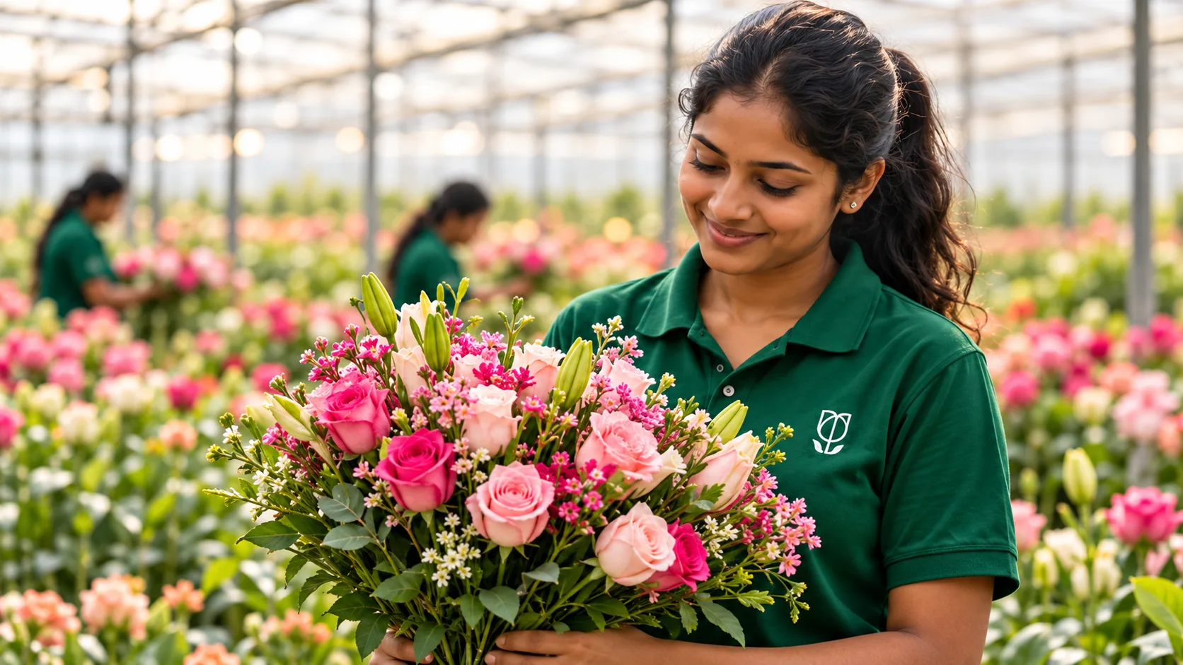 Florist in green uniform holding freshly prepared flowers in a greenhouse