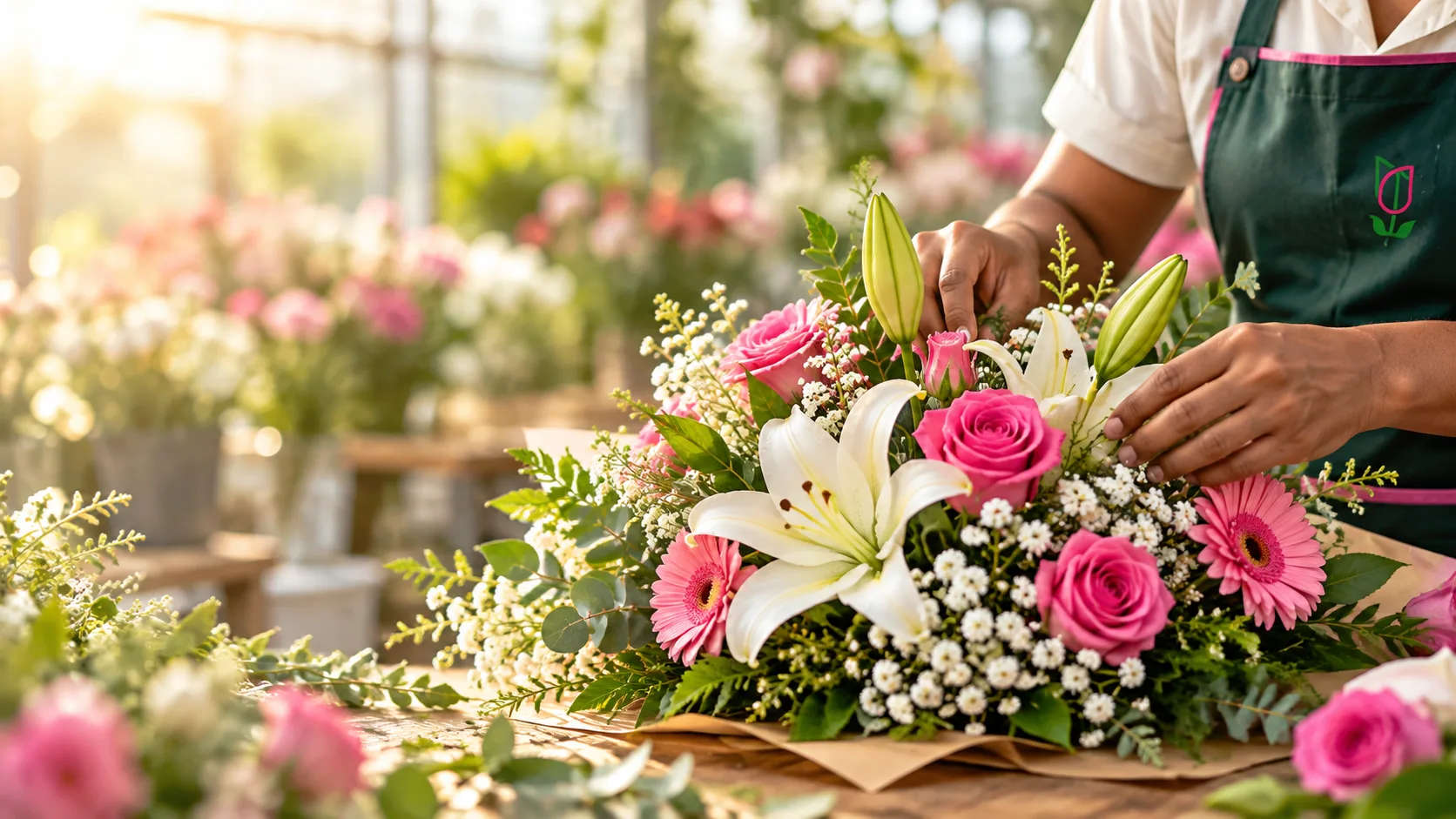 Hands carefully arranging flowers