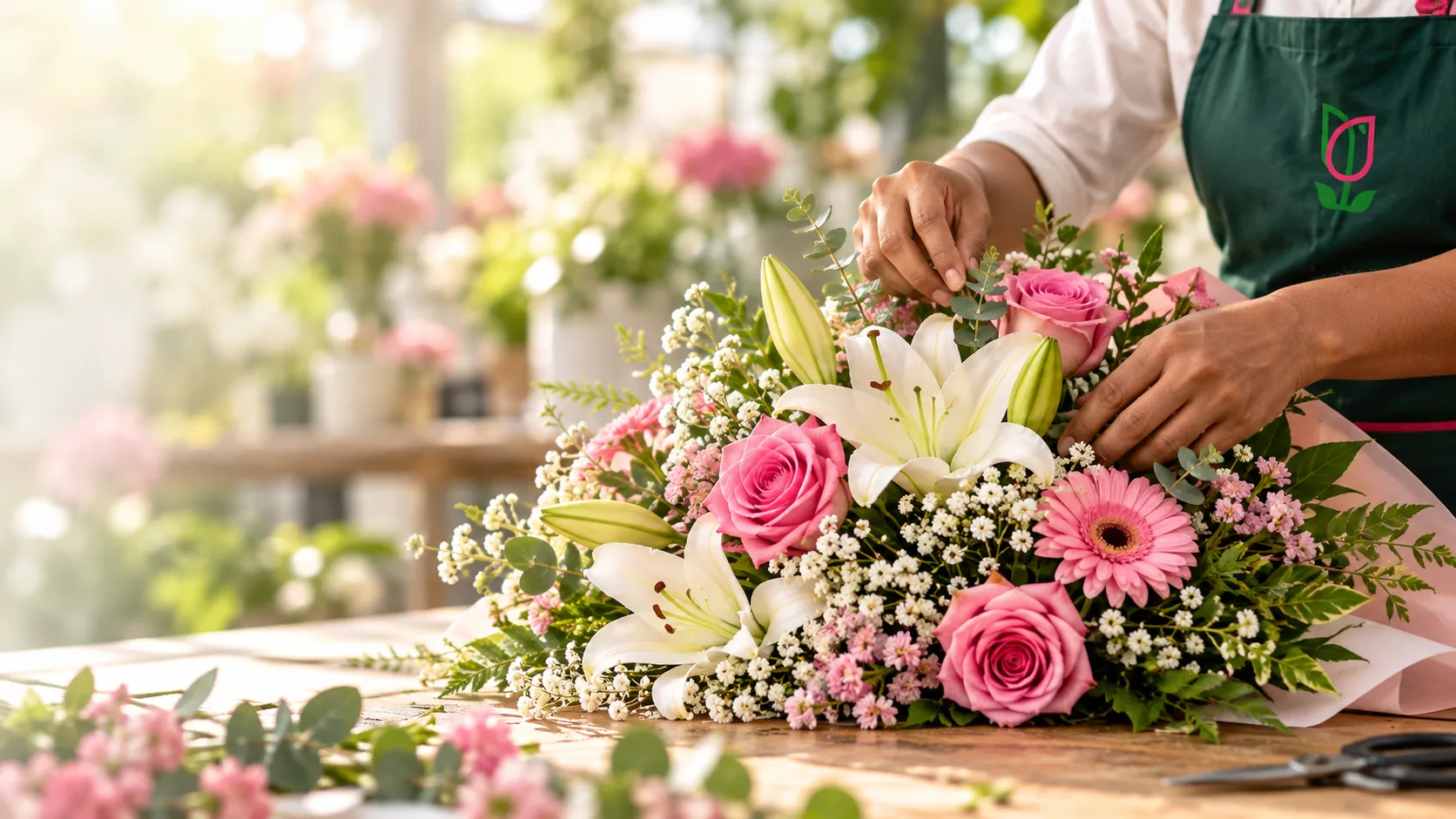 Arranging a flower bouquet
